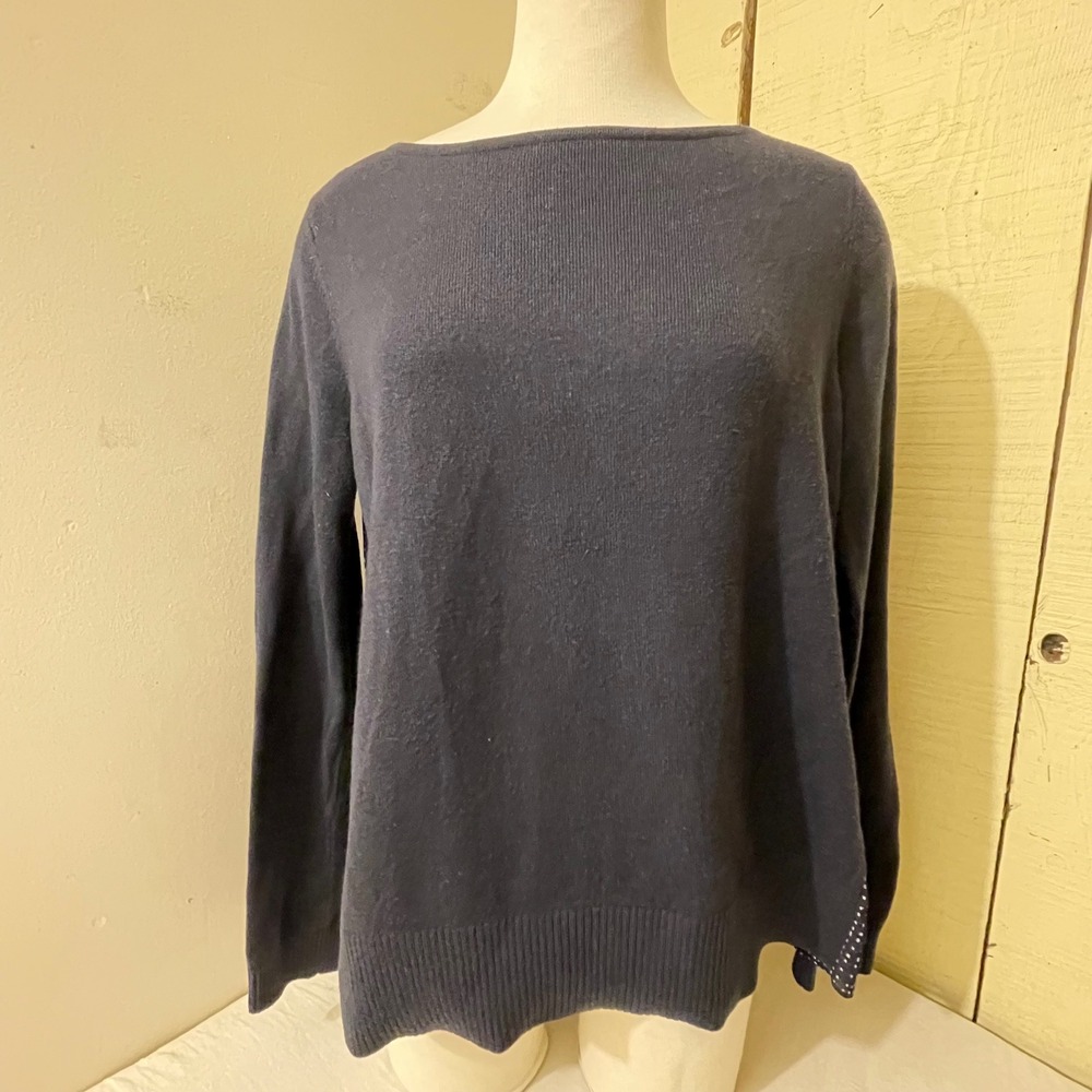 Ann Taylor Loft Sweater Womens Medium Blue Knit Top Sheer Polka Dot Back